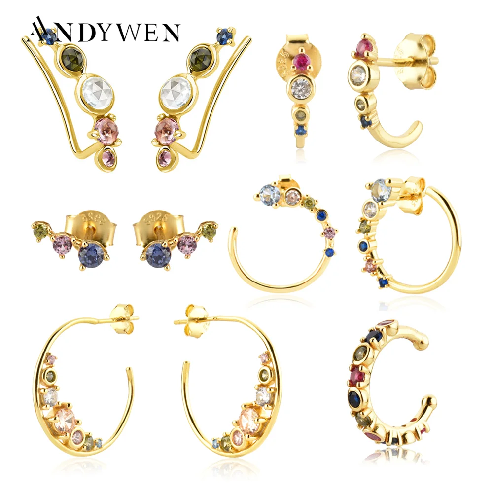 

ANDYWEN 925 Sterling Silver Gold Rainbow CZ Stud Earring Clips Circle Piercing Pendientes 2022 Christmas Gift Wedding Climber