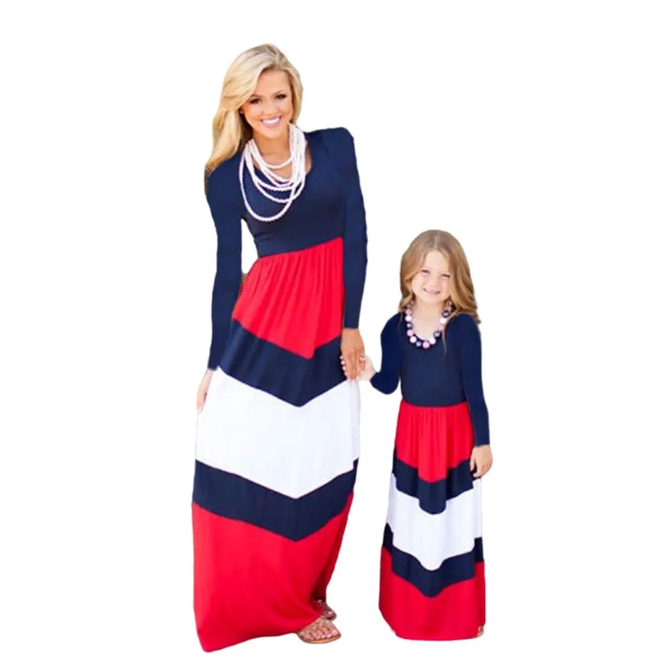 

Long Sleeve Baby Girl Clothes Patchwork Mother Daughter Matching Maxi Dress Striped Dresses for Girls Sisters Matching Outfits