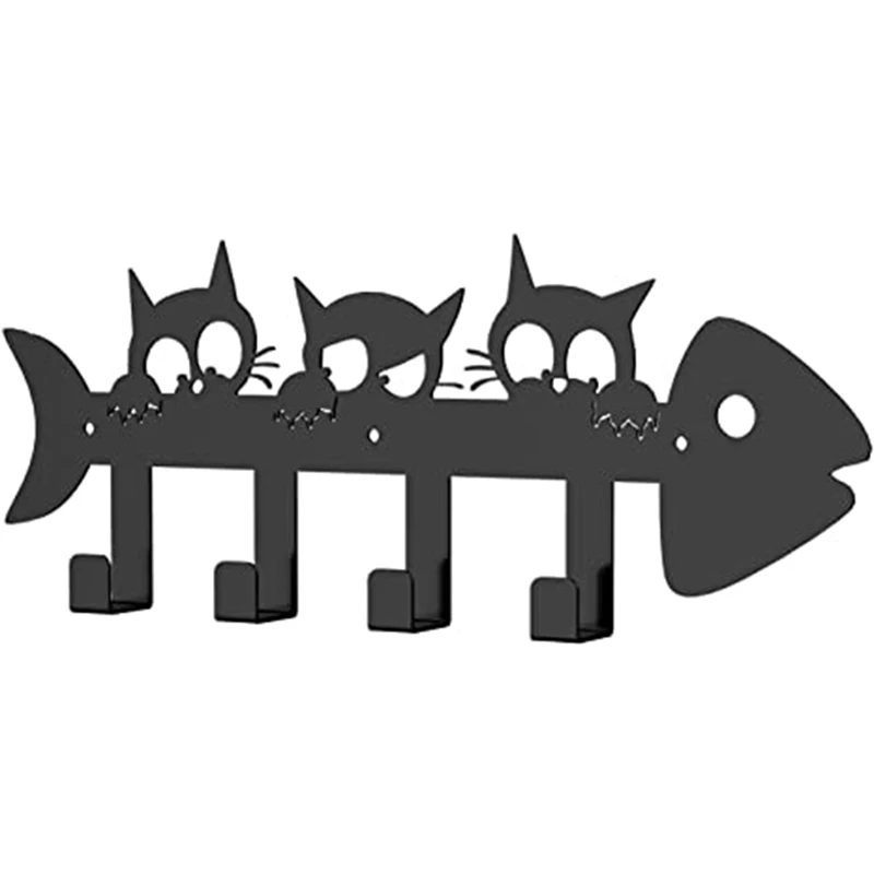 

Black Metal Keychain Hanger, Cat Wall Hook Decor Metal Hanger For Front Door,Foyer Bedroom,Kitchen With 4 Hooks
