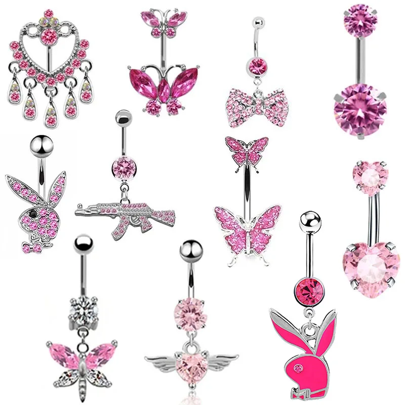 

1Pcs 14G Stainless Steel Butterfly Navel Belly Button Rings Women Fashion Belly Button Ring Piercing Body Piercings Jewelry Pink