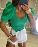 2022 summer womens top black solid o neck puff short sleeve ribbed skinny tops female elegant casual fashion ladies clothes