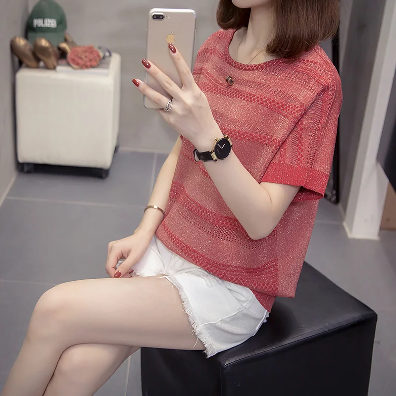 

2022 Shiny Women Sweater Women Fashion Hollow Loose thin short sleeve Sweater Women Casual Female Pullove Women's clothing