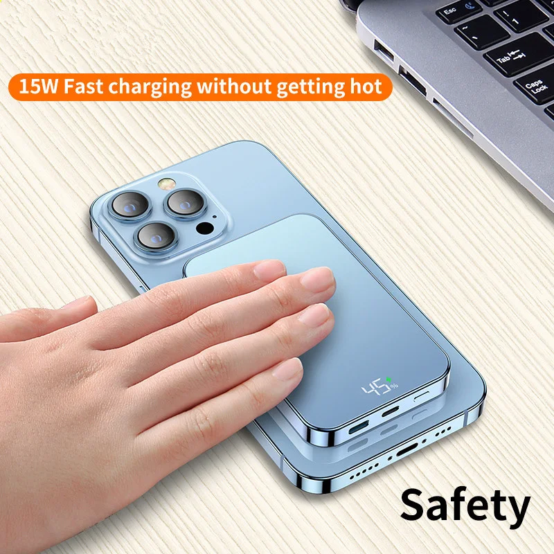 10000mAh Magnetic Wireless Power Bank Metal Frame Glass Back PD 20W Qi 15W For iPhone12 13 Portable External Battery Powerbank