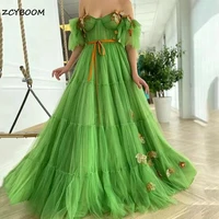 elegant green off the shoulder tulle prom dress new arrival a line short sleeves flowers plus size pleated 2022 evening dress