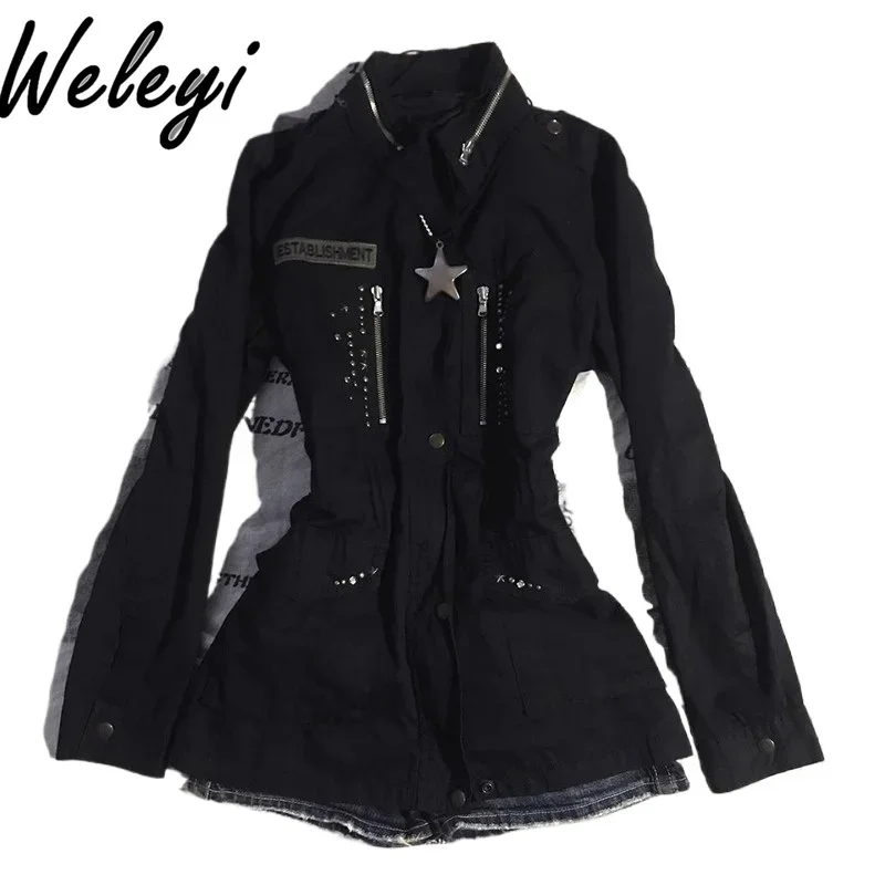 Готическая черная куртка с лацканами женская осенняя американская ретро-мода