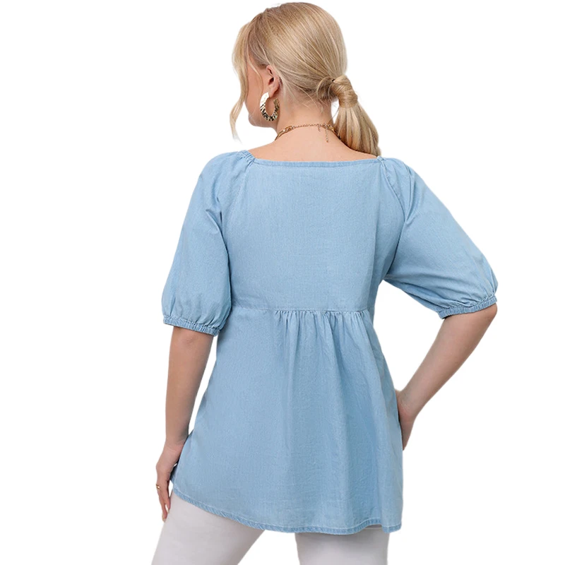 Women Plus Size Tunic Tops 2022 Summer Denim Puff Sleeve Casual V Neck Ruched Tunic Tops All Match Tee Blusas Chemise Femme Top