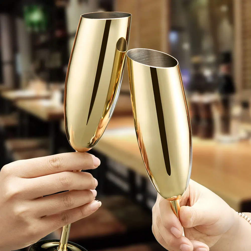 

2 pcs 304 Stainless Steel Oblique Champagne Glass Tall Cocktail Glass Martini Glass Bar Stemware For Cold Drink 201-300ml