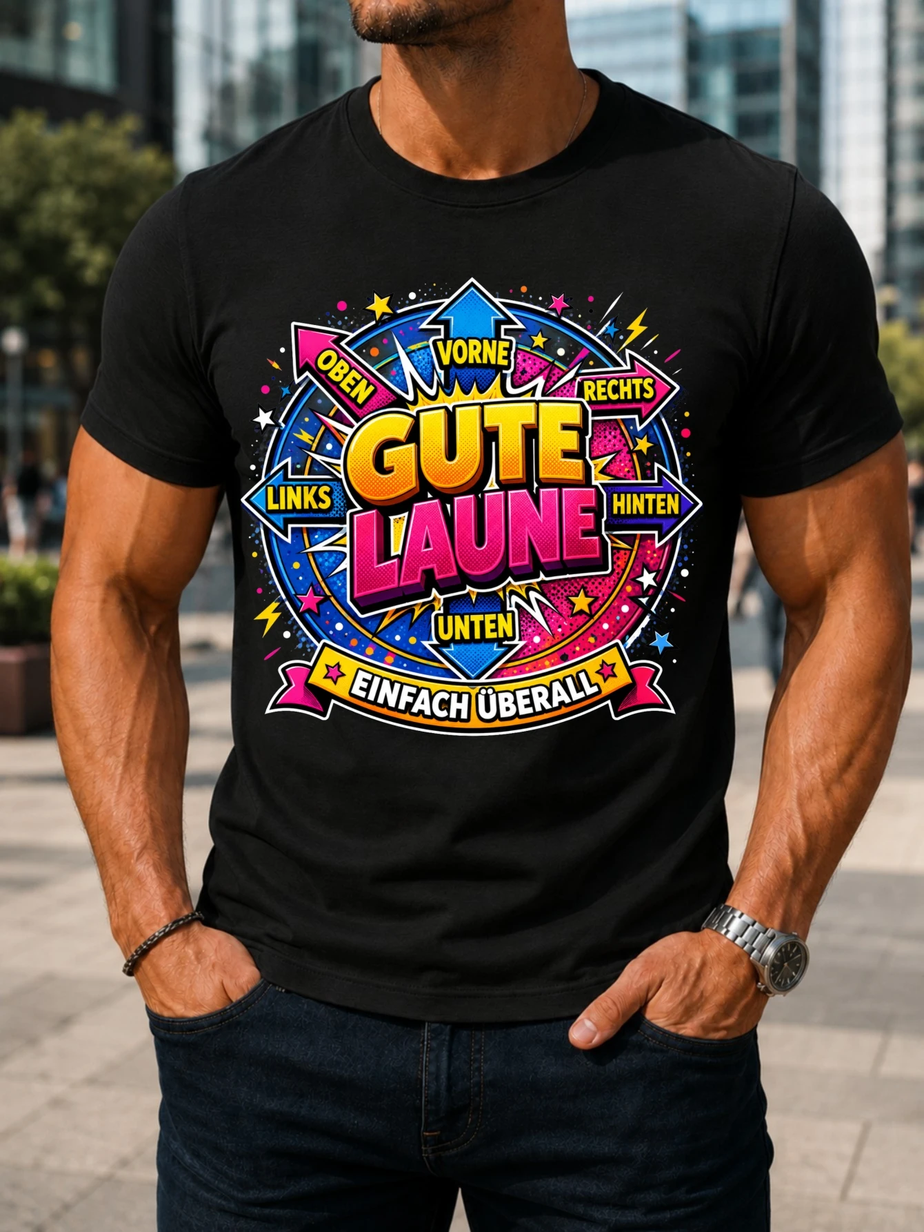Фото Круглый комиксный дизайн с изображением стрелы Gute Laune, с надписями спереди сверху справа, сзади снизу и по всему периметру, унисекс футболка. №1