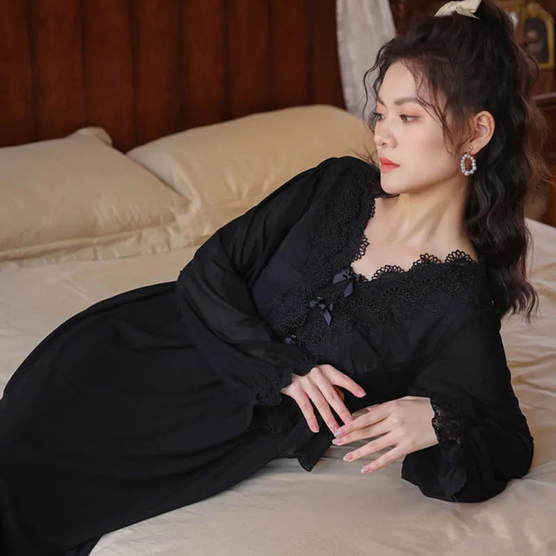 Roseheart New Women Homewear Female White Black Sexy Sleepwear Night Dress Long Lace V Neck Nightwear Nightgown Court Mesh