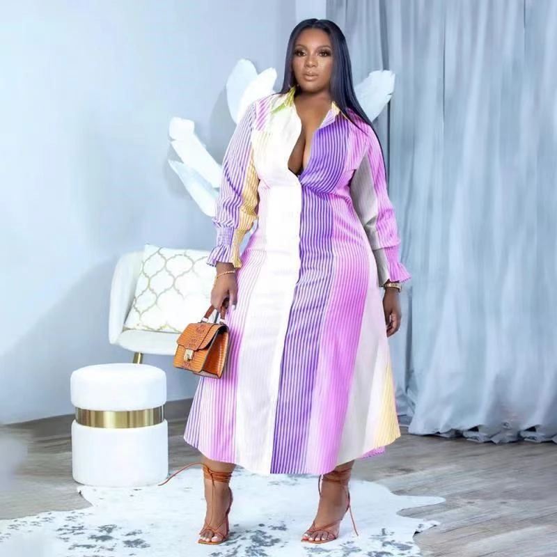 

Dress Women Clothing Office Elegant Midi Dress Striped Ladies Long Sleeve Shirt Dress Dropshipping Wholesale Vestidos Femininos