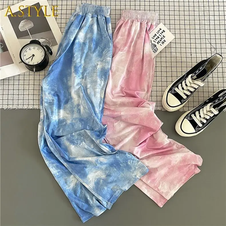 

A GIRLS Casual Pants Women Harajuku Elastic Trendy BF Style Teens Street Wear Ins Ankle-Length Trouser Baggy Wide-leg Tie Dye