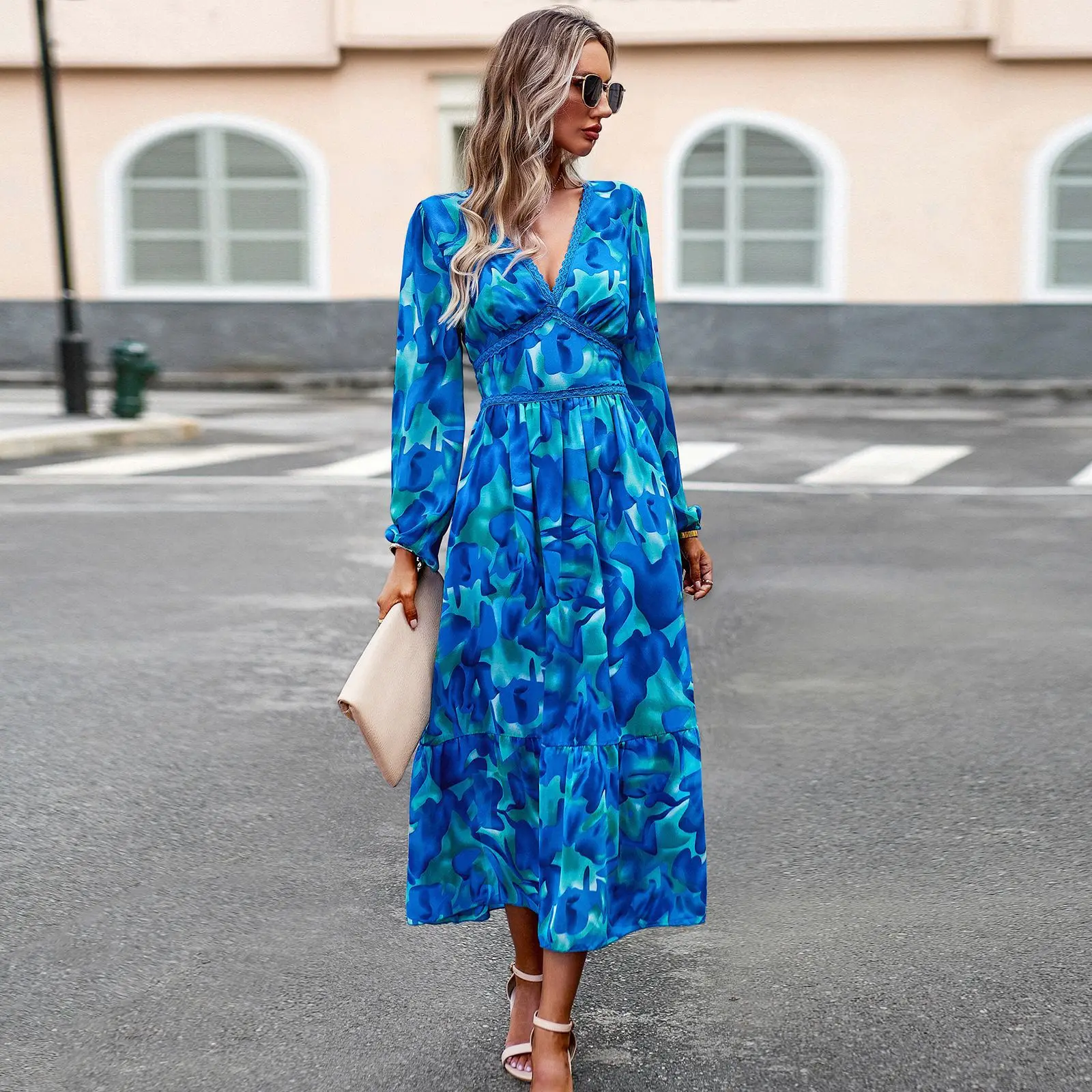 

Floral Print Long Chiffon Dress 2023 Autumn Elegant V-neck Long Sleeve High Waist Tunics A-line Holiday Party Dresses Streetwear