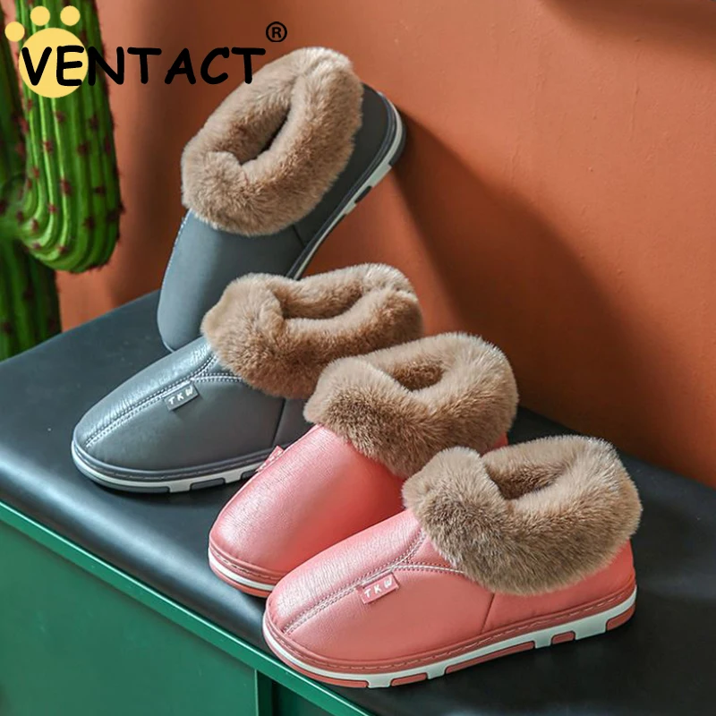 

VENTACT Plush Winter Slippers Pu Fuzzy Cotton Shoes For Women Men Home Warm Anti-Slip Floor Slippers Outdoor Thick-Soled Indoor