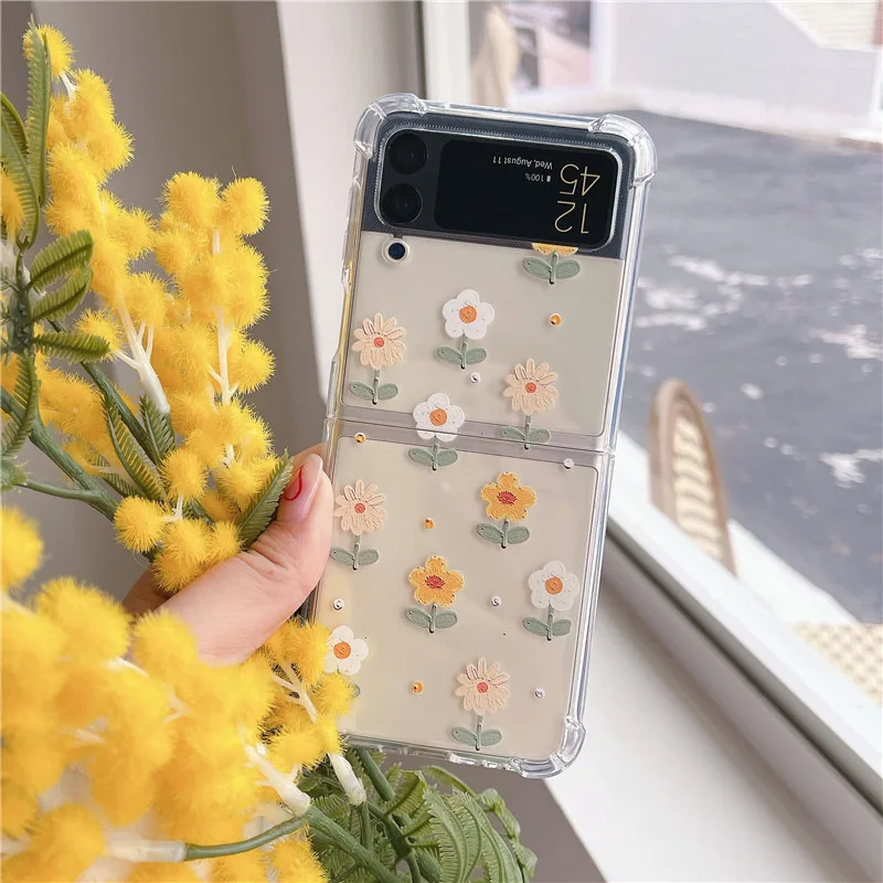 

Little Flower Transparent Phone Case for Samsung Galaxy Z Flip 3 Z Flip 4 Hard PC Back Cover for ZFlip3 ZFlip4 Case Shell