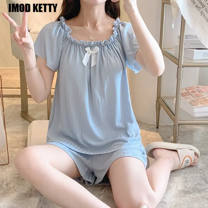 

Home Bow Nightwear Solid Color Pijama Women Short Sleeve 2022 new Summer Pajamas Set 2 Piece Sleepwear Shorts Suit Thin Sweet
