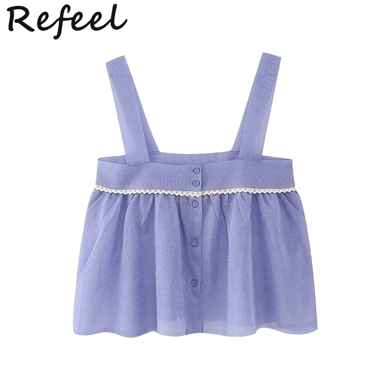 

Refeel Sexy Square Collar Spliced Lace Knitted Camis Women Summer Center Buttons Tanks Ruched Hem Crop Top Semi