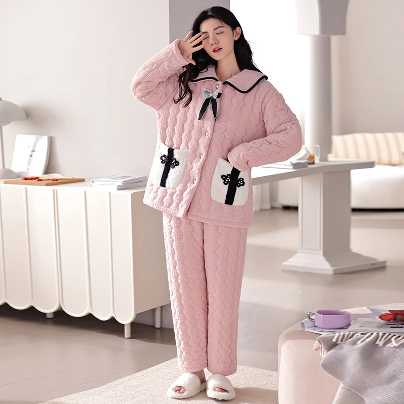 Новая женская пижама из кораллового бархата зимняя утепленная однотонная