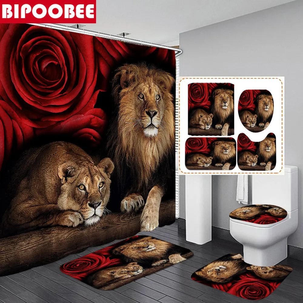 

Red Rose 3d Animal Print Shower Curtains Fierce Lion Bathroom Curtain Set Bath Mats Rugs Pedestal Non-Slip Carpet Toilet Cover