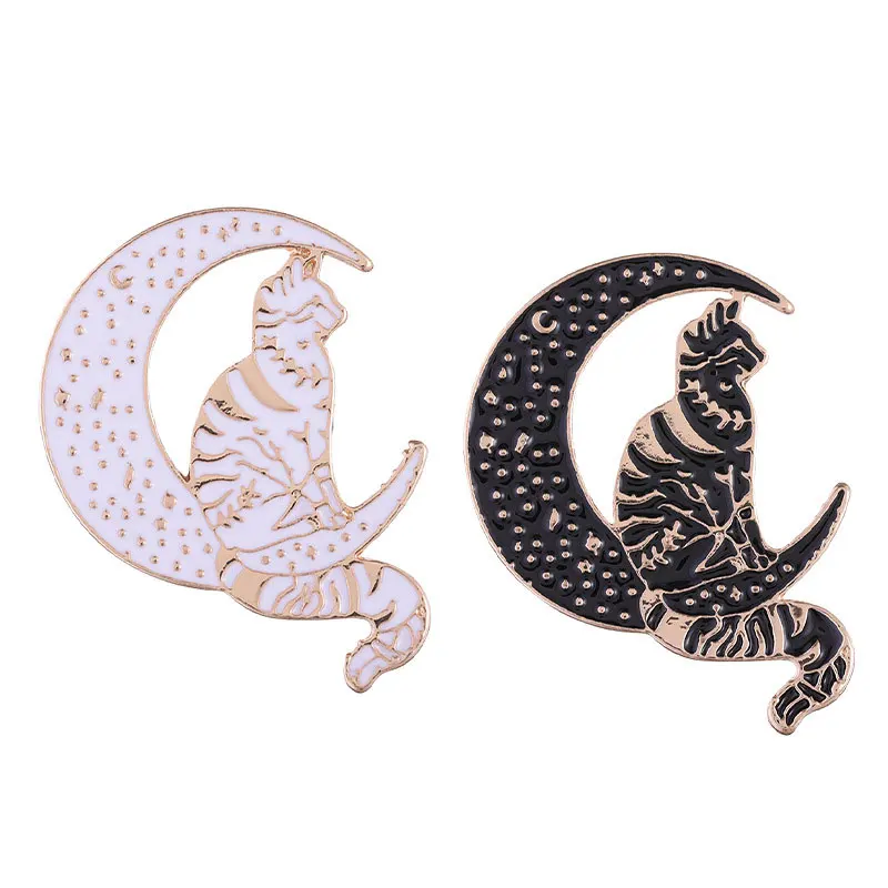 

Sitting Moon Cat Brooches For Women Punk Black White Witch Kitten Enamel Pin Clothes Bag Lapel Badges Jewelry Accessories