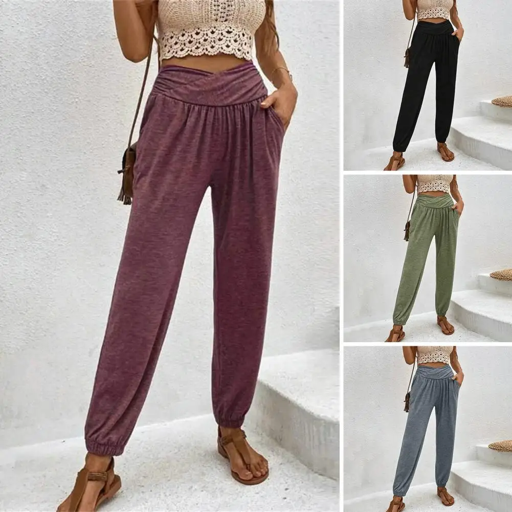 Women Pants High Waist Loose Solid Color Pockets Elastic Waist Stretch Fabric Lady Casual Pleated Long Trousers Jogger Sweatpant