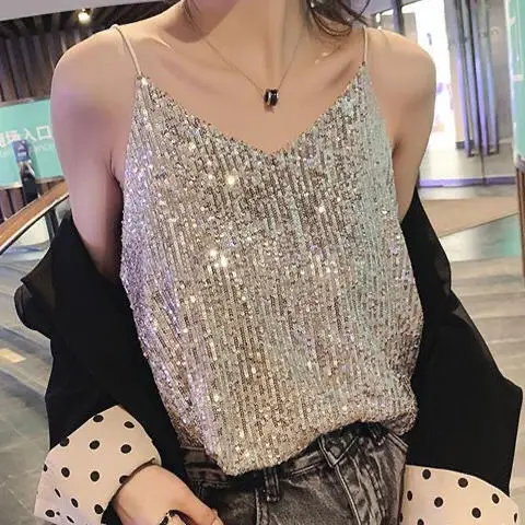 

Summer 2021 New Sexy Glittering Sequin V-neck Sling Vest Women's Short Loose Tops Outerwear Bottoming Shirt