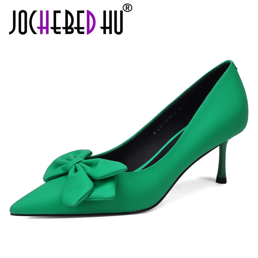 

【JOCHEBED HU】New Design Fashion Sexy Comfortable Mercerized sheepskin Bow Women Heels Club Party Wedding Shoes High Heel Shoes