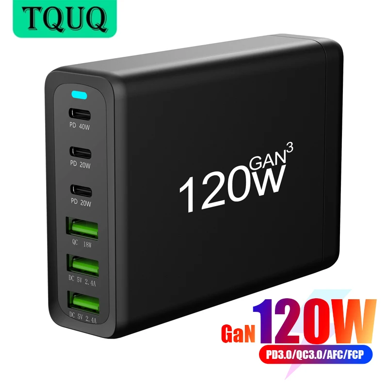 USB-зарядная станция TQUQ GaN 120 Вт, быстрое зарядное устройство для телефона, адаптер питания с 6 портами для iPad Pro, iPhone 14/13/12, Samsung Galaxy
