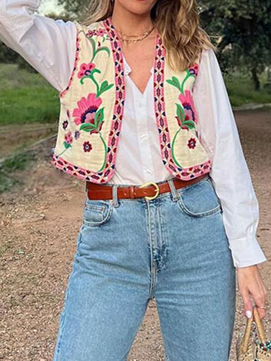 Весна 2024 Женский Повседневный жилет куртка без рукавов с вышивкой спереди