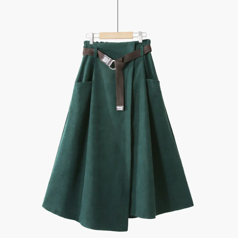

Korean Casual Elegant Women A Line High Waist Fashion Female Midi Long Formal Sexy Solid Belt Summer ArmyGreen Fresh Cute Skirt