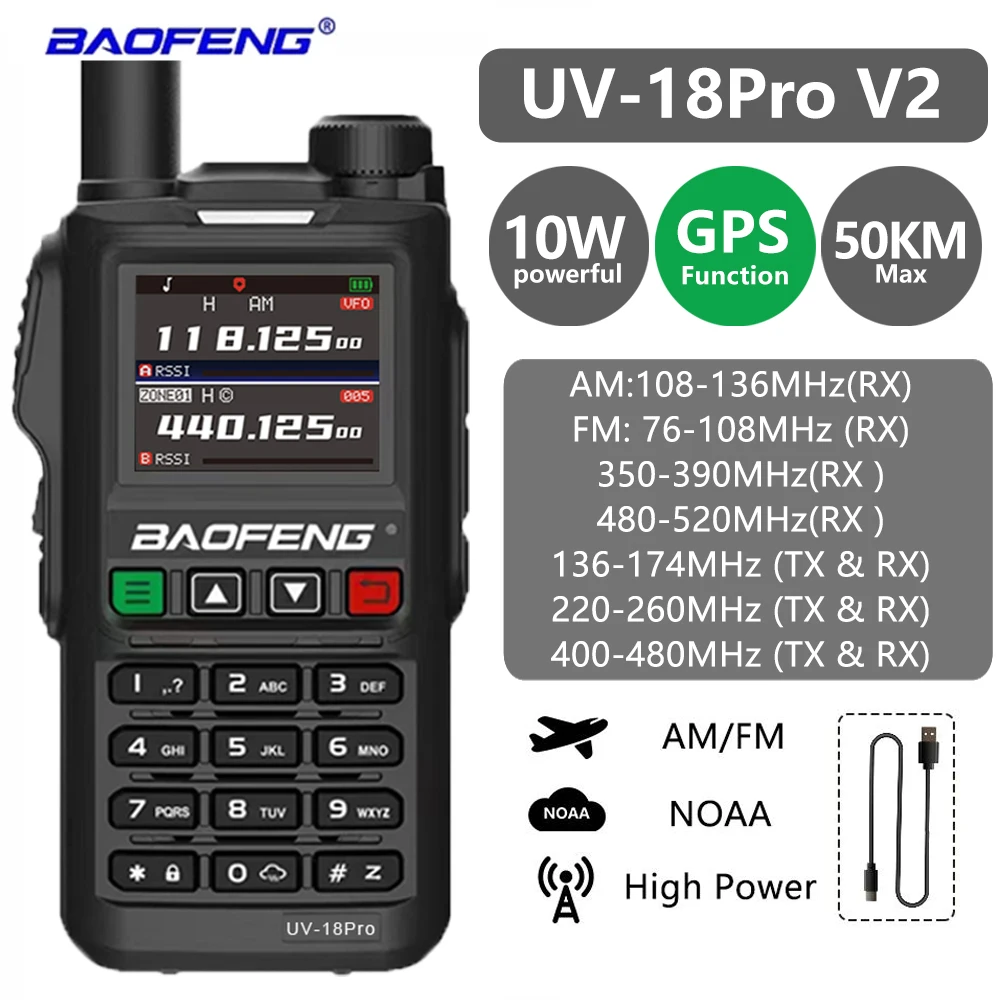 Baofeng UV-18Pro V2 Радио Портативная Рация С GPS 10 Вт Высокая Мощность Шесть AM FM-диапазонов