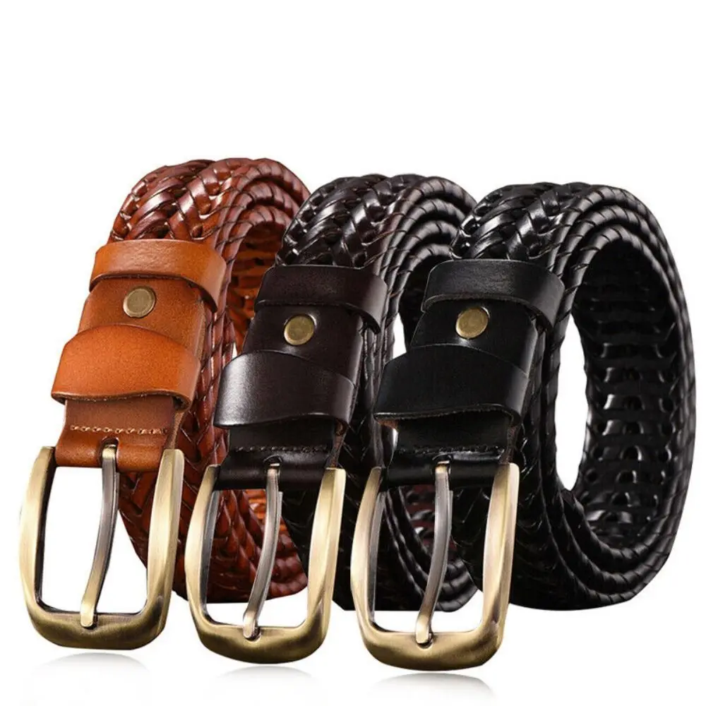 Unisex Gold Pin Buckle Waist Strap Leather Braided Belt Waistband Jeans Strap Vintage Belts