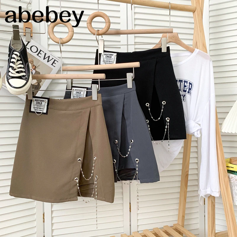 

Korean versatile solid color Skirt irregular chain design high waist leisure short A-line split Skirt 2021 New Summer Women