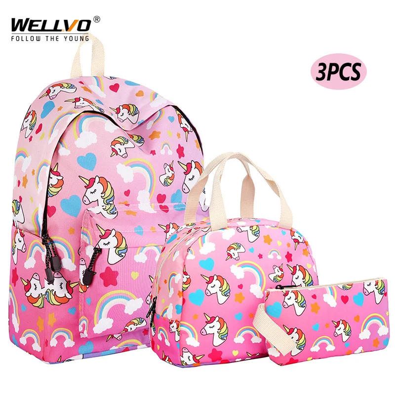 

3 In 1 Women Backpacks Cartoon Printing Pen Lunch Bag Nylon School Backpack For Student Female Girls Kawaii Laptop Mochilas X25C