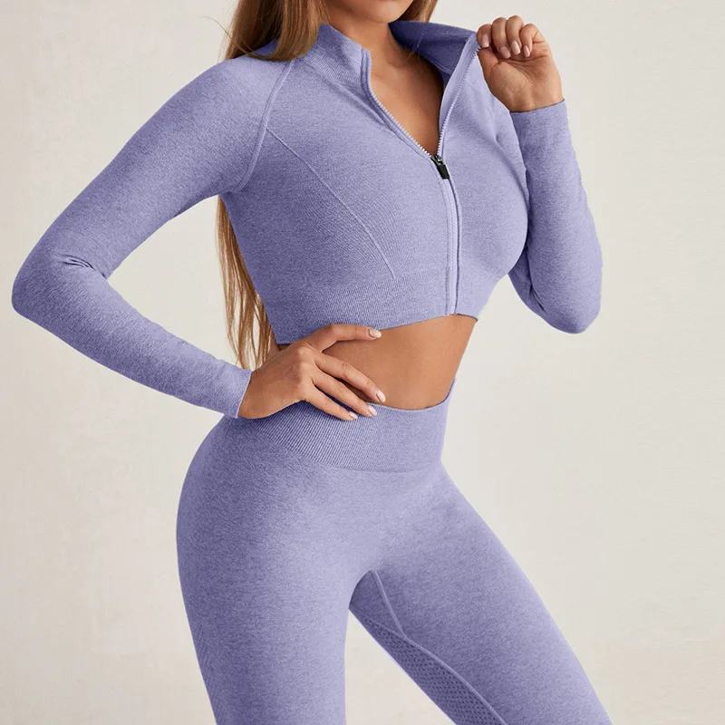 2pcs Seamless Yoga Set Women Workout Sportswear Gym Suits Long Sleeve Crop Top T-Shirt High Waist Leggings Fitness Sport Outfit
