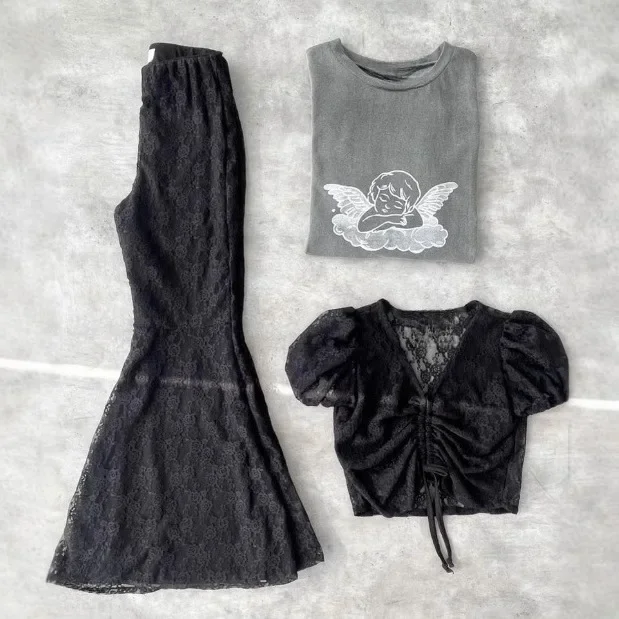 Кружевной комплект весна-лето 2024 новая кружевная рубашка с объемными рукавами