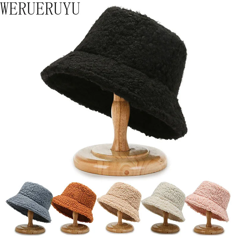New Kawaii Lambswool Bucket Hat for Women Autumn Winter Black Casual Warmth Caps Streetwear Harajuku Cute Panama Woman Hats 2022