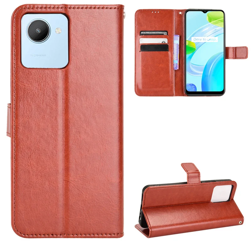 

For OPPO PU Leather Flip Stand Luxury Phone Case OPPO RMX3581/Realme C30 Leather Crazy Horse Pattern Phone Case with Lanyard