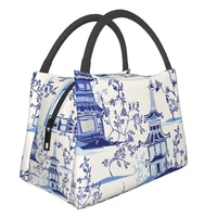 chinoiserie tea house vintage art resuable lunch box women multifunction delft blue oriental willow thermal insulated lunch bag