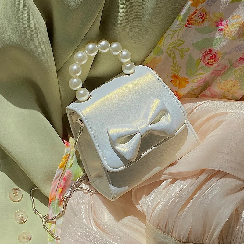 

Fashion Bow Braided Weave Women Shoulder Bag Mini Pearl Handle Ladies Tote HandBag Chain Strap Female Messenger Square Bags