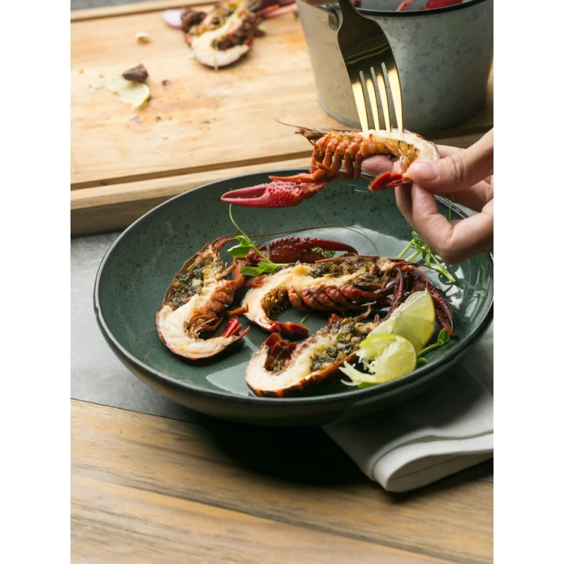 

Nordic Creative Ceramic Dark Green Shallow Mouth Basin Household Dinner Plate Soup Bowl Large Kitchen Sink Mixing Bowl