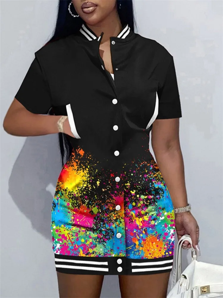 

Letter Embroidery Button Front Casual Dress