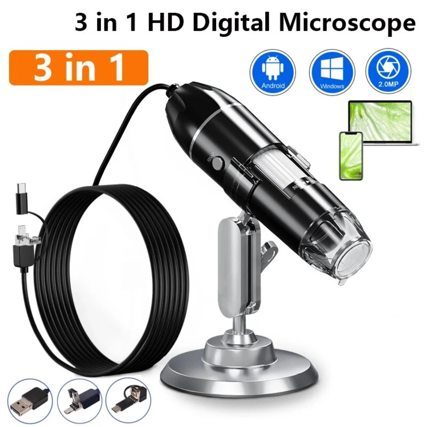 Compact Portable High Definition 1600X 3in 1 Digital Microscope Camera with LED Soldering Magnifier - Type-C USB Charge Precis