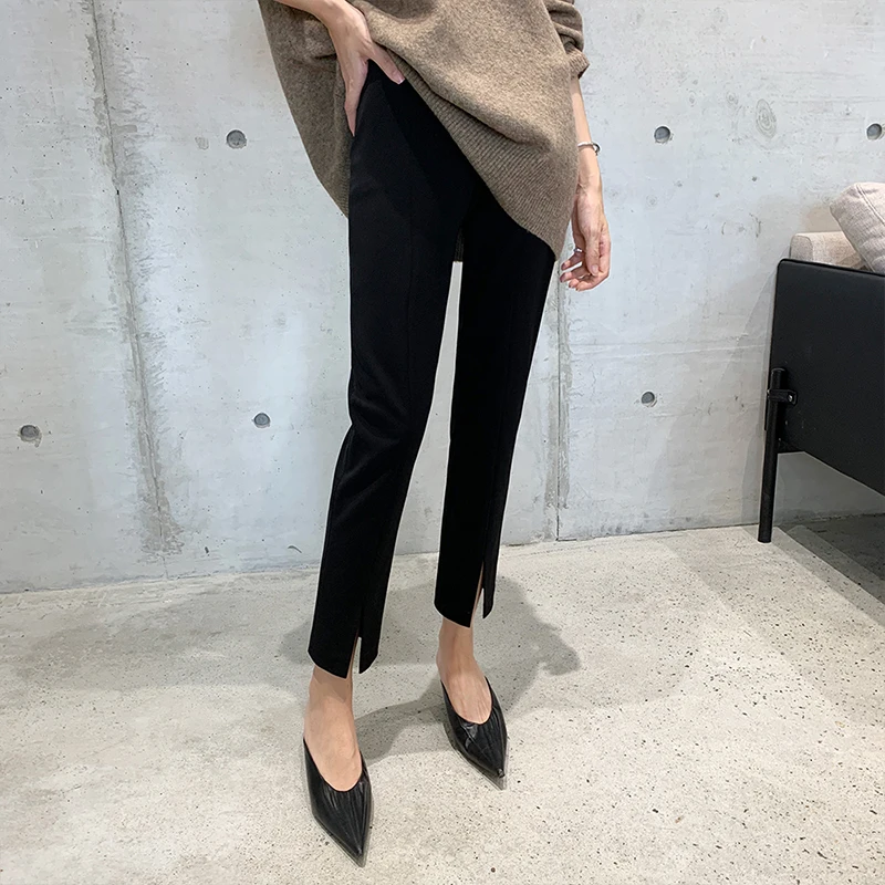 2022 MODE Korea Casual Office Lady สีดำตรงดินสอแยกกางเกงหญิงสูงเอวกางเกง Pantalones De Mu