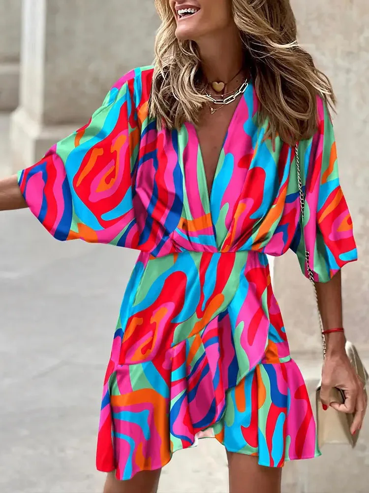 

Womens Casual Boho Mini Dress Fashion Batwing Sleeve V-Neck Hem Irregular Vintage Print Streetwear Women Dresses Female Clothing