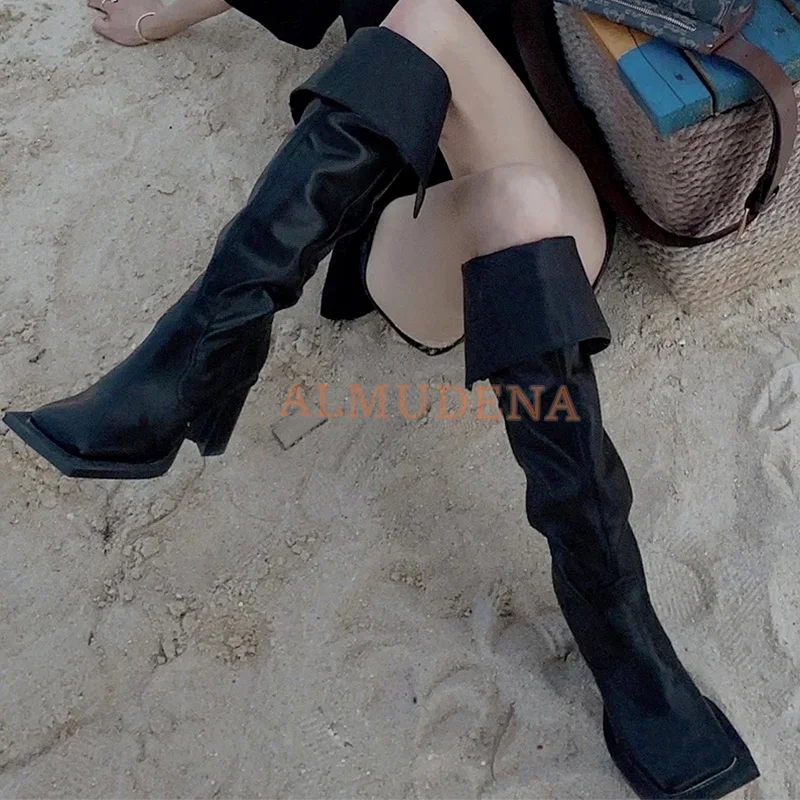 Black Square Toe Chunky Heel Sleeve Knee Boots Women Punk Style Leather Over the Knee Boots Women Cool Shoes 2022 Winter New
