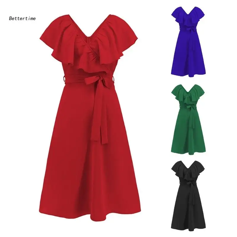 

B36D Womens Summer Casual Dress Belted V Neck Ruffle Sleeve A-line Cocktail Party Work Slim-Fitted Dress
