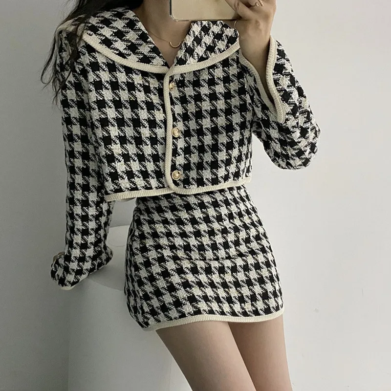 

Fall Winter Sexy Tweed Plaid Two Piece Set Long Sleeve Tops and High Wasit Mini Skirt Korean Style Sweet Elegant New 2 Piece Set