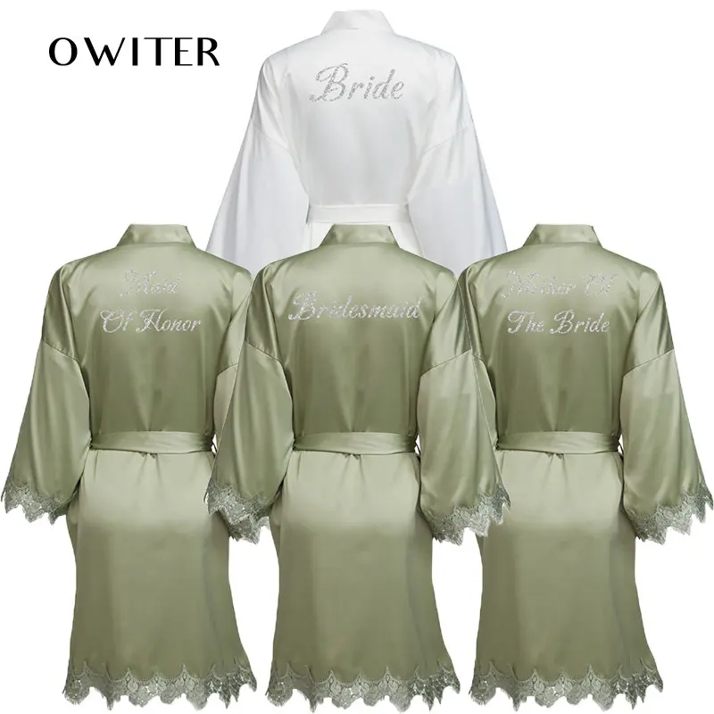 

Матовый атласный кружевной халат с отделкой, Свадебный халат, зеленое свадебное кимоно для невесты