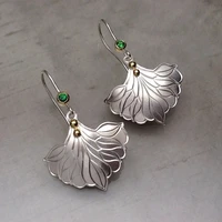 vintage metal earrings hand carved design plant leaf earrings vintage jewelry inlaid green faux zircon drop earrings