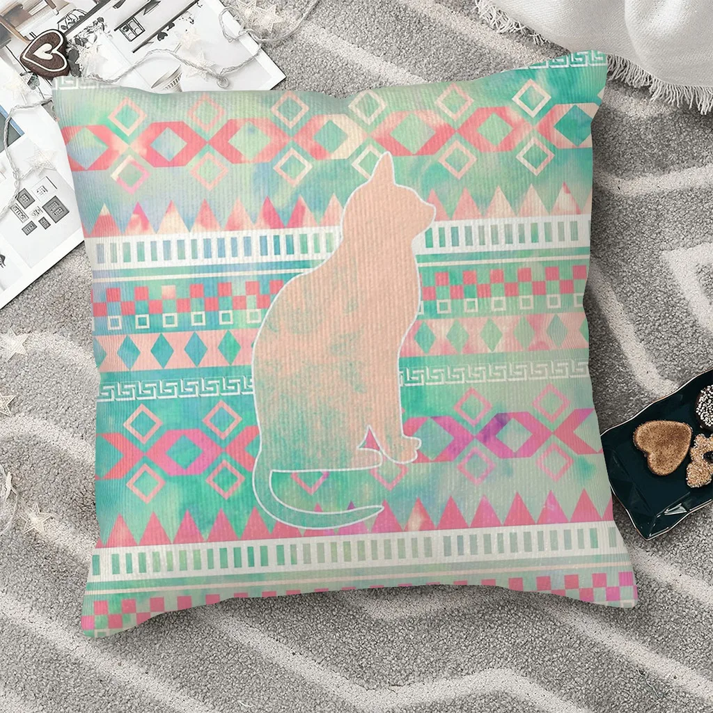 

Причудливая кошка, розовая Бирюзовая наволочка для подушки в ацтекском стиле с геометрическим рисунком, мягкая декоративная наволочка для гостиной и сада